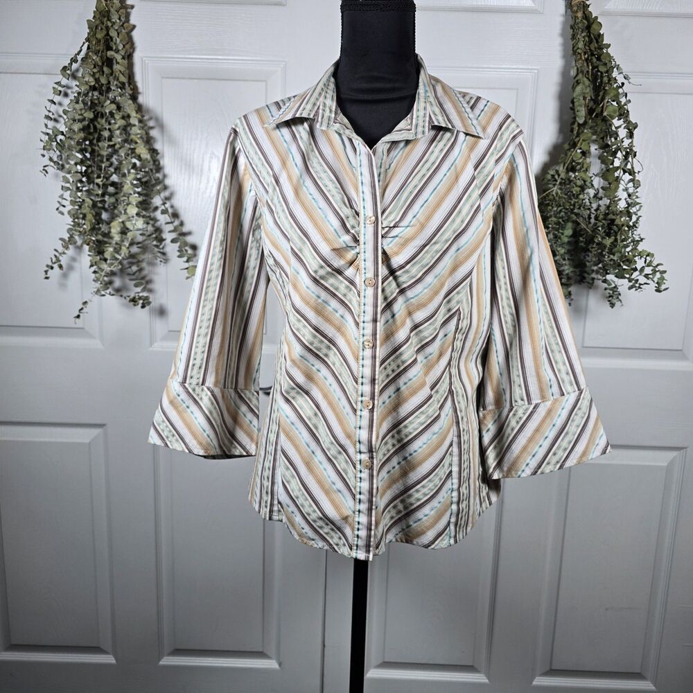 Cato Button Down Striped White Brown 3/4 Sleeve Blouse 18/20W